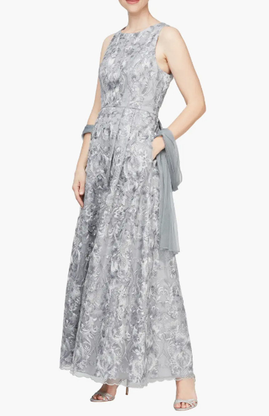 ALEX EVENINGS Embroidered Sleeveless Formal Gown Size 6 Pewter Silver NWOT